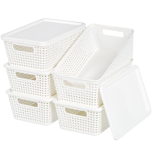 Plastic Storage Baskets With Lid, Storage Bins for Organizing, Stackable Decorative Containers for Shelves Drawers Desktop Closet Playroom Classroom Office, 6 Pack- White - color: White, size: 6 Pack
