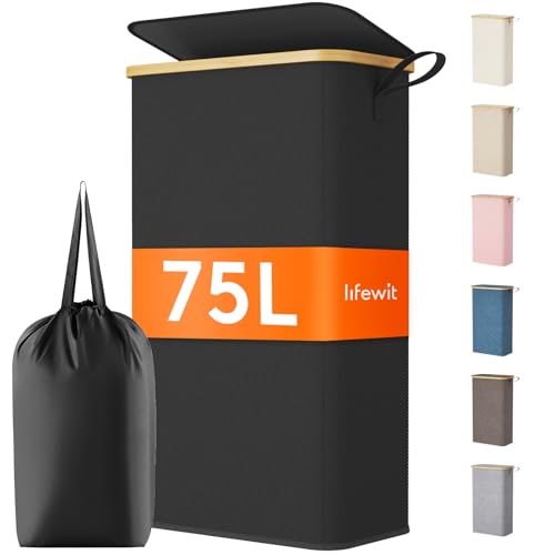 Lifewit 75L Slim Laundry Hamper with Lid, Narrow Laundry Basket with Removable Bag & Bamboo Handles, Fodable Thin Dirty Clothes Hamper for Laundry Collapsible Bin for Bathroom Bedroom Dorm, Black - color: Black, size: 75L
