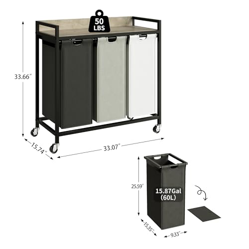 Herture Laundry Hampers with Shelf, Laundry Basket 3 Section, Laundry Sorter with Pull-Out Removable Large 3 Color Bags and Movable Wheels, Metal Frame, 3 x 15.87 Gallons (60L), Greige PF04XLZ - color: Greige + 3-Color, size: 3 Bags-180 L