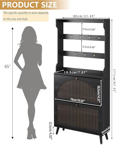 Fsbecl Shoe Cabinet for Entryway with 2 Flip Drawers & Coat Rack, Narrow Hidden Shoe Storage Cabinet with Fluted Panel, 2-in-1 Hall Tree Slim Freestanding Shoe Rack Organizer for Hallway, Black - color: Black- Double Layer With Rack