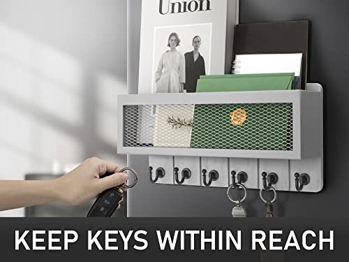 Rebee Vision Modern Key Holder for Wall with Mail Organizer: Stylish Mesh Storage Basket with 6 Sturdy Hooks - Farmhouse Wall Decor for Apartment, Entryway, Hallway, Office (Gray) - color: Gray