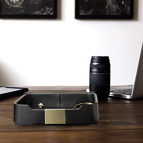 SANZIE Luxury Leather Tray Desktop Storage Catchall Organizer Decorative Tray for Entryway Table to Hold Jewelry Watch Keys Phone Wallet (Metal Gilded, Black) - color: Black (Gold)