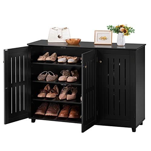 Yaheetech Shoe Cabinet with 3 Doors, Adjustable Shoe Organizer 4 Tier Shoe Rack Shelves, Freestanding Shoe Storage Cabinet for Entryway, Bathroom, Living Room, Black