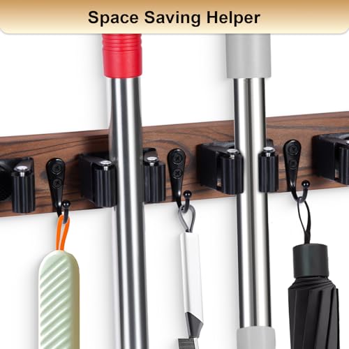 FunCee Broom Holder Wall Mount With 5 Slots & 4 Hooks，Rustic Wood Broom & Mop Hanger，Wall Mounted Garden & Garage Tool Storage Organizer Rack for Closet Laundry Room or Kitchen Wall Decor - color: Brown