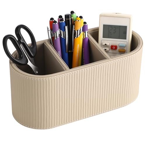 OMISTAR 3-Compartment PU Leather Pen Holder, Desk Organizer Stylish Bedside Remote Holder Nightstand, Eyeglasses/Stationery/Makeup Brush Storage Box, Long-Lasting Desk Accessories, 8.9 x 4 x 4.1 in - size: 3 Compartments