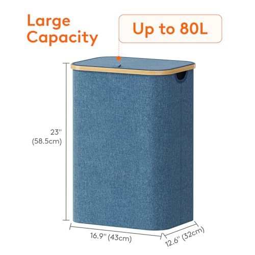 Lifewit 80L Laundry Basket with Lid, Clothes Hampers for Laundry with Bamboo Handles and 1 Removable Bag, Large Foldable Laundry Hamper for Bedroom, Bathroom, Dorm, Laundry Room, Dark Blue - color: Dark Blue, size: 80L