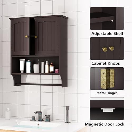 Bathroom Cabinet, Bathroom Wall Cabinet with 2 Doors and Adjustable Shelf, Wooden Medicine Cabinets Wall Mount, Over The Toilet Storage - color: Bathroom Wall Cabinet With Towel Rack-brown