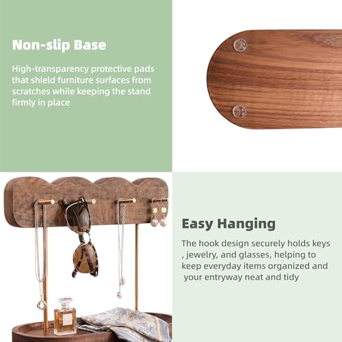 Luxury Walnut Wood Key Stand – Wave-Designed Entryway Organizer with 4 Gold Hooks, Multi-Functional Valet Tray for Keys, Jewelry & Accessories, Minimalist Decor for Entry Table
