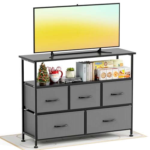 Simple Deluxe TV Stand Dresser for Bedroom Entertainment Center with 5 Fabric Drawers, Storage Organizers Units for Living Room, Media Console Table with Open Shelf up for 45" TV, Gray, Wood top - color: Grey, size: 39.3"D x 11.8"W x 31.8"H (5 Drawers)