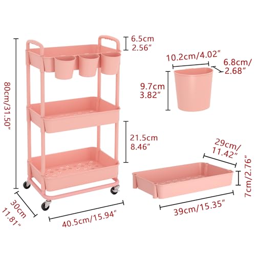 JIUYOTREE 3-Tier Plastic Rolling Storage Cart Utility Cart with Extra Hanging Cups Handles Lockable Wheels for Living Room Bathroom Kitchen Office Pink - color: Pink, size: 3-Tier