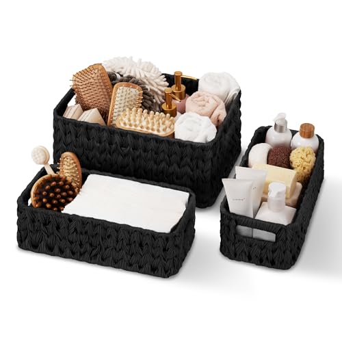 GRANNY SAYS Wicker Baskets for Storage, Wicker Storage Basket for Organizing, Large Woven Baskets, Waterproof Basket for Vanity, Home Decor, Black, 3-Pack - color: Black, size: 14½"L x 10¼"W x 7"H + 2x 13"L x 6"W x 4½"H
