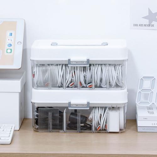 2 Pack Cable Storage Box with Lid, Plastic Cord Organizer Box for Desk Drawer, Large Home Office Supplies Case with Removable Dividers for Phone Charger, Wires, Art Crafts - size: 2 Pack