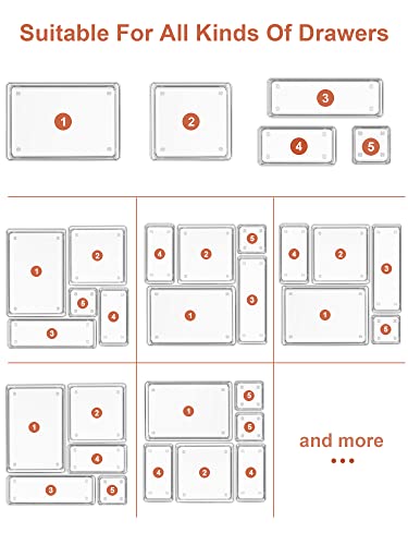 SMARTAKE 16-Piece Drawer Organizer with Non-Slip Silicone Pads, 5-Size Desk Storage Tray for Makeup, Jewelries, Utensils in Bedroom Dresser, Office and Kitchen, Clear - size: Medium