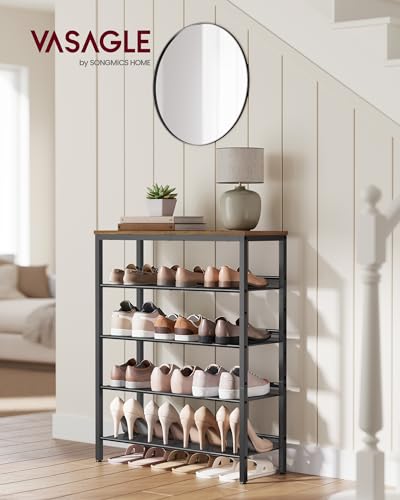 VASAGLE Shoe Rack for Entryway, 5-Tier Shoe Rack Organizer with Storage Shelves and Spacious Top, Freestanding, Adjustable, Industrial, Honey Brown and Ink Black ULBS038K01 - color: Honey Brown + Ink Black, size: 5 Tiers (29.5"W)