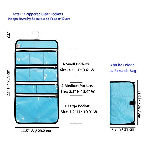 Travel Foldable Jewelry Rolls Bag Hanging Jewelry Organizer with 9 Zippered Clear Pockets Storage Pouch with Rotatable Hanger (BLUE) - color: BLUE
