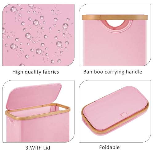 Slim Laundry Basket,60L Laundry Hamper with Lid, Tall Hamper for Laundry,Dirty Cloth Hamper with Bamboo Handle for Toys,Towels, Clothes Organizing,Pink - color: Pink, size: 60L Slim
