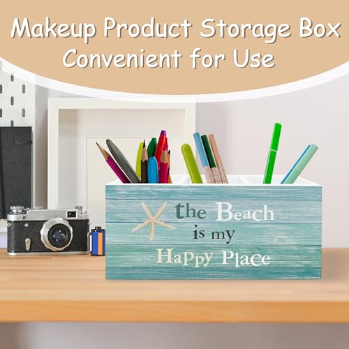 Beach Pen Holder for Home Office Kitchen Desk Decor, the Beach Is My Happy Place Wooden Pencil Holder Sign Organizer for Home Office Desk Accessories, Coastal Gifts for Women Men - color: turquoise
