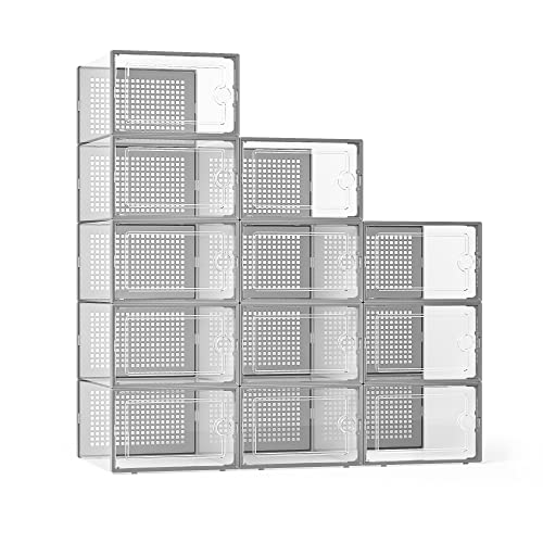 Kuject X-Large Shoe Storage Boxes Organizers Clear Plastic Stackable 12 Pack, Shoe Rack & Holder Substitute, Sneaker Containers, Toy Storage Organizer Bins for Entryway, Closet, Under Bed, Grey - color: Grey, size: X-Large