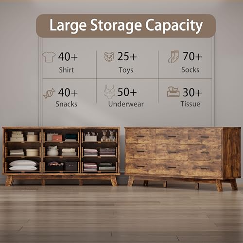 Xixini Dresser for Bedroom, 9 Drawer Wide Modern Chest of Drawers with X-Shaped Sturdy Base, Wood Double Dresser Closet Clothes Storage Organizer, Wooden TV Stand for Living Room, Hallway, Brown - color: Brown, size: 15.6"D x 59.1"W x 29.5"H (9 Drawers)