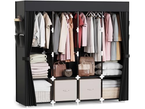 Mavivegue Clothes Organizer with 4 Hanging Rods, Portable Closet Wardrobe, Non-Woven Fabric Cover, Large Capacity Storage for Bedroom and Living Room,Black, 67" W x 17" D x 67" H - color: Black, size: 67"W x 17"D x 67"H