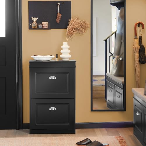 Haotian Small Shoe Cabinet, Black 2 Flip Drawers Freestanding Shoe Rack, Shoe Storage Cupboard Organizer (9.45" D x 20.87" W x 32.28" H), FSR78-SCH - color: Black, size: 2 Drawers (S)