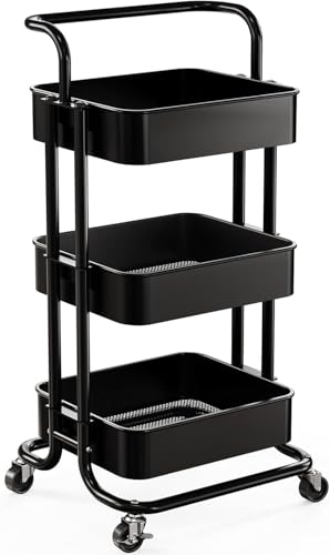 Pipishell 3 Tier Mesh Utility Cart, Rolling Metal Organization Cart with Handle and Lockable Wheels, Multifunctional Storage Shelves for Kitchen Living Room Office Black - color: Black, size: 3-Tier