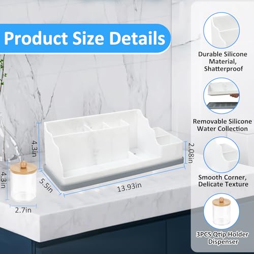 Bathroom Counter Organizer, Large White Silicone Toothbrush Holders for Bathrooms with 3PCS Qtip Holder, Bathroom Organizer Countertop Toothbrush and Toothpaste Holder for Makeup Organizer for Vanity - color: White Grey With 3pcs Dispenser