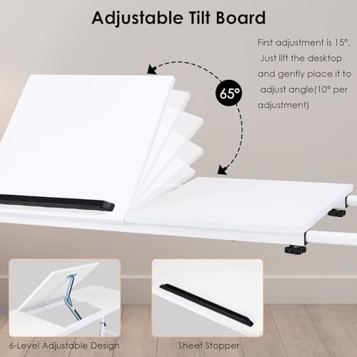 Arlopu Overbed Table with Wheels,60.6-84.2 inches Mobile Bed Desk,Rolling Computer Desk, Laptop Cart,W/0-65°Tilt Stand,4 Heights and 6 Lengths,Side Storage Basket,for Home,Office and Hospital (White) - color: White