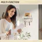 Rebee Vision Farmhouse Key Holder Wall Mount Combo - Small Key Holder for Wall with Floating Shelf & Mail Organizer Wall Mounted with 7 Hooks - Apartment Essentials (Whitewash)
