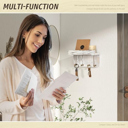 Rebee Vision Farmhouse Key Holder Wall Mount Combo - Small Key Holder for Wall with Floating Shelf & Mail Organizer Wall Mounted with 7 Hooks - Apartment Essentials (Whitewash)