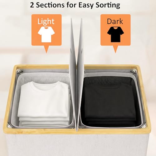 efluky Laundry Hamper with Lid, Double Laundry Hamper with 2 Removable Bags, 2 Section Laundry Basket with Bamboo Handles for Bathroom, Bedroom & Laundry Room, 140L (36.9 Gallon) Light Grey - color: Light Grey, size: 140L Dual