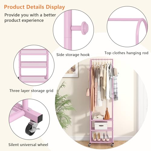 Kaitiemoo Heavy Duty Clothing Rack with Wheels,Modern Garment Rack with 3 Metal Shelves, 71.8Inches Display Rack for Hanging Clothes, Hanging Rod for Small Space,Pink - color: Pink