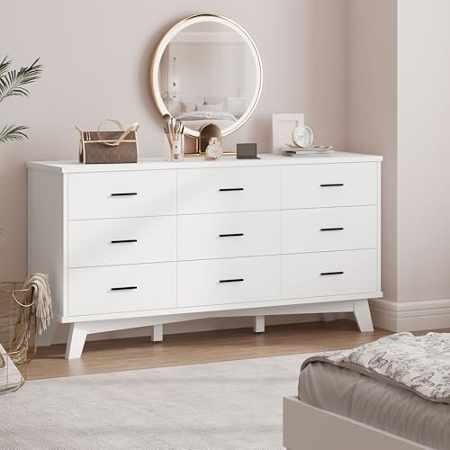 Xixini Dresser for Bedroom, 9 Drawer Wide Modern Chest of Drawers with X-Shaped Sturdy Base, Wood Double Dresser Closet Clothes Storage Organizer, Wooden TV Stand for Living Room, Hallway, White - color: White, size: 15.6"D x 59.1"W x 29.5"H (9 Drawers)