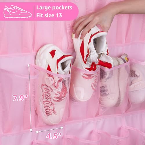 MISSLO 35 Large Pockets Over The Door Shoe Organizer Sturdy Oxford Fabric Hanging Shoe Rack for Door Mesh Closet Shoe Holder Hanger, Pink - color: Pink, size: 24.5x68.5