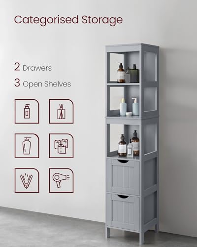 VASAGLE Storage Cabinet, Storage Organizer Rack Stand for Bathroom, Living Room, Multifunctional Corner Unit, 2 Drawers, 55.7 Inches in Height, Dove Gray UBBC066G02 - color: Dove Gray, size: 55.7"H