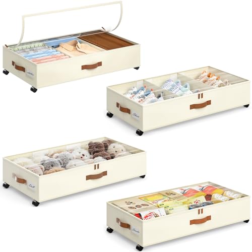 Yecaye Under Bed Storage with Wheels, 4 Pack Under Bed Storage Containers with Adjustable Dividers & Clear Window, Rolling Underbed Organizer Bins Drawers for Clothes, Shoes, Blankets, Beige - color: Beige, size: Large(4Pack)