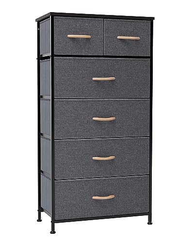 Crestlive Products Vertical Dresser Storage Tower - Sturdy Steel Frame, Wood Top, Easy Pull Fabric Bins, Wood Handles - Organizer Unit for Bedroom, Hallway, Entryway, Closets - 6 Drawers (Gray) - color: Grey, style: 6 Drawers
