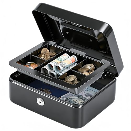 KYODOLED Medium Cash Box with Removable Money Tray, Key Lock Metal Storage Box with 2 Keys & Portable Handle, Safe Cash Drawer, 7.87"x 6.30"x 3.54", Black - color: Black, size: Medium