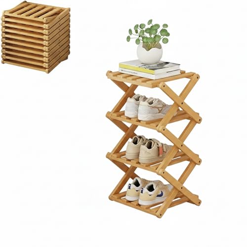 Foldable Shoe Rack, Bamboo Vertical Shoe Organizer Tall for Small Spaces. Multifunctional Narrow Shoe Shelf for Entryway, Closet, Corner, Bedroom, Hallway, Wood Color 4 Layers - size: 4th floor
