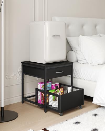 CHOEZON End Table, 19.7 Inch Square Side Table, Mini Fridge Stand with Storage, Nightstand with Mobile Basket Cart, for Living Room, Bedroom, Black TBZ55BB - color: Black