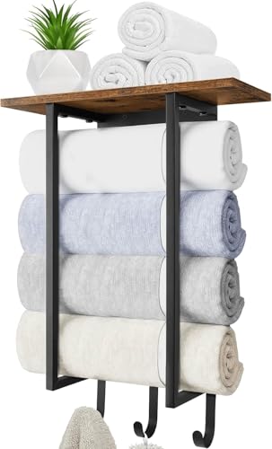 ELITEROO Towel Racks for Bathroom Wall Mounted, Towel Holder with Wooden Shelf and 3 Hooks for Washcloths Hand Towel, Bath Towel Storage Organizer for Small Bathroom, RV, Rustic Brown - color: Rustic Brown