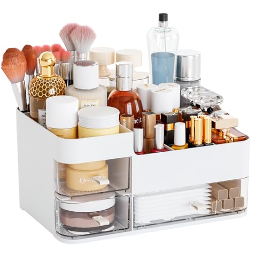White Makeup Organizer With Drawers,Large Skincare Organizers for Countertop,Desk,Dresser,Plastic Bathroom Counter Organizer for Brush,Palettes,Perfume,Beauty Products Organization,Skin Care Storage - color: White, size: Large-3 Drawers