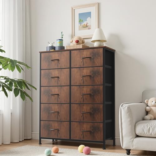 Sweetcrispy 10 Drawer Dresser, Tall Fabric Dresser for Bedroom, Storage Tower with Bins Chest Organizer Unit for Closet, Hallway, Steel Frame Wood Top, Easy Pull Handle, Rustic Brown - color: Brown