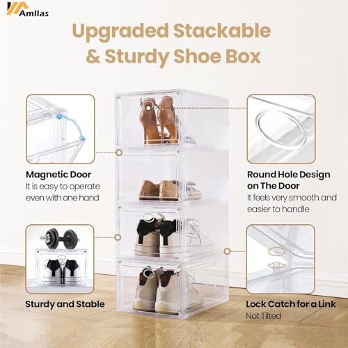 Amllas 12 Pack Clear Shoe Boxes Stackable,Shoe Storage Boxes for Closet,Sturdy Shoe Box Storage Containers with Clear Door,Sneaker Storage,Easy to Assemble,Fit up to US Size 12(13.8”x 9.84”x 7.1”) - color: Clear, size: 12 Pack
