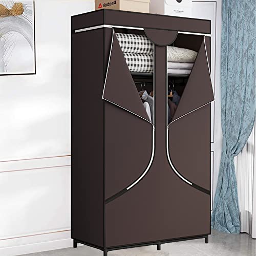 SORCEDAS Portable Wardrobe Closet Storage Organizer Metal Hanging Rack Non-Woven Fabric 34 Inch Coffee (34 Inch, Coffee) - color: Coffee, size: 34 Inch