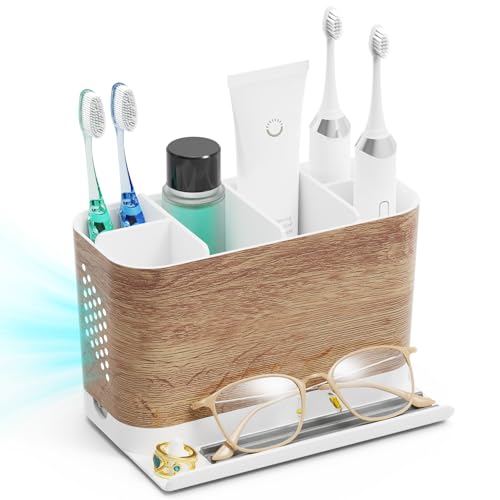 Bathroom Organizers and Storage 6 Slots Wood Grain Electric Toothbrush Holders with Phone Holder and Adjustable Dividers, Cord-Friendly Toothbrush Organizer with Drainage for Family, Kids - color: Wood Grain
