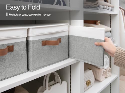 StorageWorks Decorative Storage Boxes with PU Handles, Storage Bins with Lids, Foldable Storage Baskets for Closet, Shelves, Stackable, Gray and White, 3-Pack - color: Gray and White, size: Large