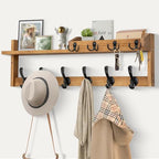 Coat Rack Wall Mount with Shelf, 27.5" Entryway Wall Hanging Shelf, Coat and Key Hanger with 10 Dual Hooks, Mail Organizer and Key Holder Hat Rack for Wall, Wood Coat Hooks with Storage - color: Brown