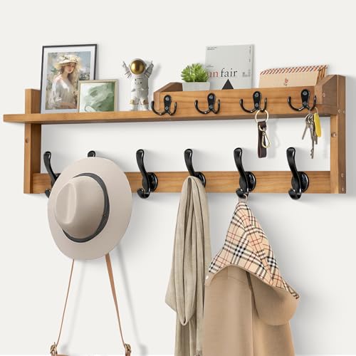 Coat Rack Wall Mount with Shelf, 27.5" Entryway Wall Hanging Shelf, Coat and Key Hanger with 10 Dual Hooks, Mail Organizer and Key Holder Hat Rack for Wall, Wood Coat Hooks with Storage - color: Brown