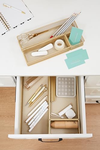 Annova Mesh Stackable Drawer Cabinet and Shelf Organizer Bins Storage Basket School Office Supply Holder Tray- Set of 2 (Gold, 3x9x2 Inch) - color: Gold, size: 3x9x2 Inch